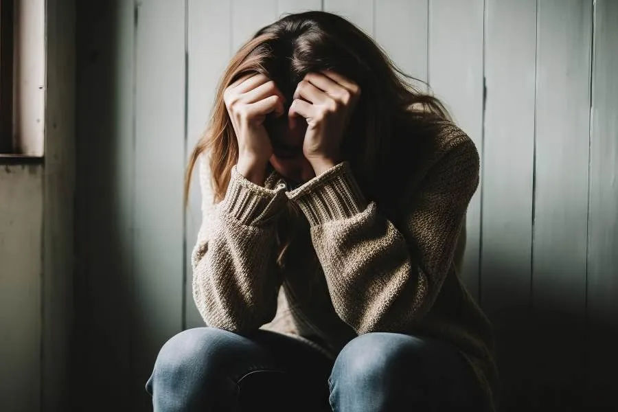 depressed woman sitting on a chair with her hands covering her face